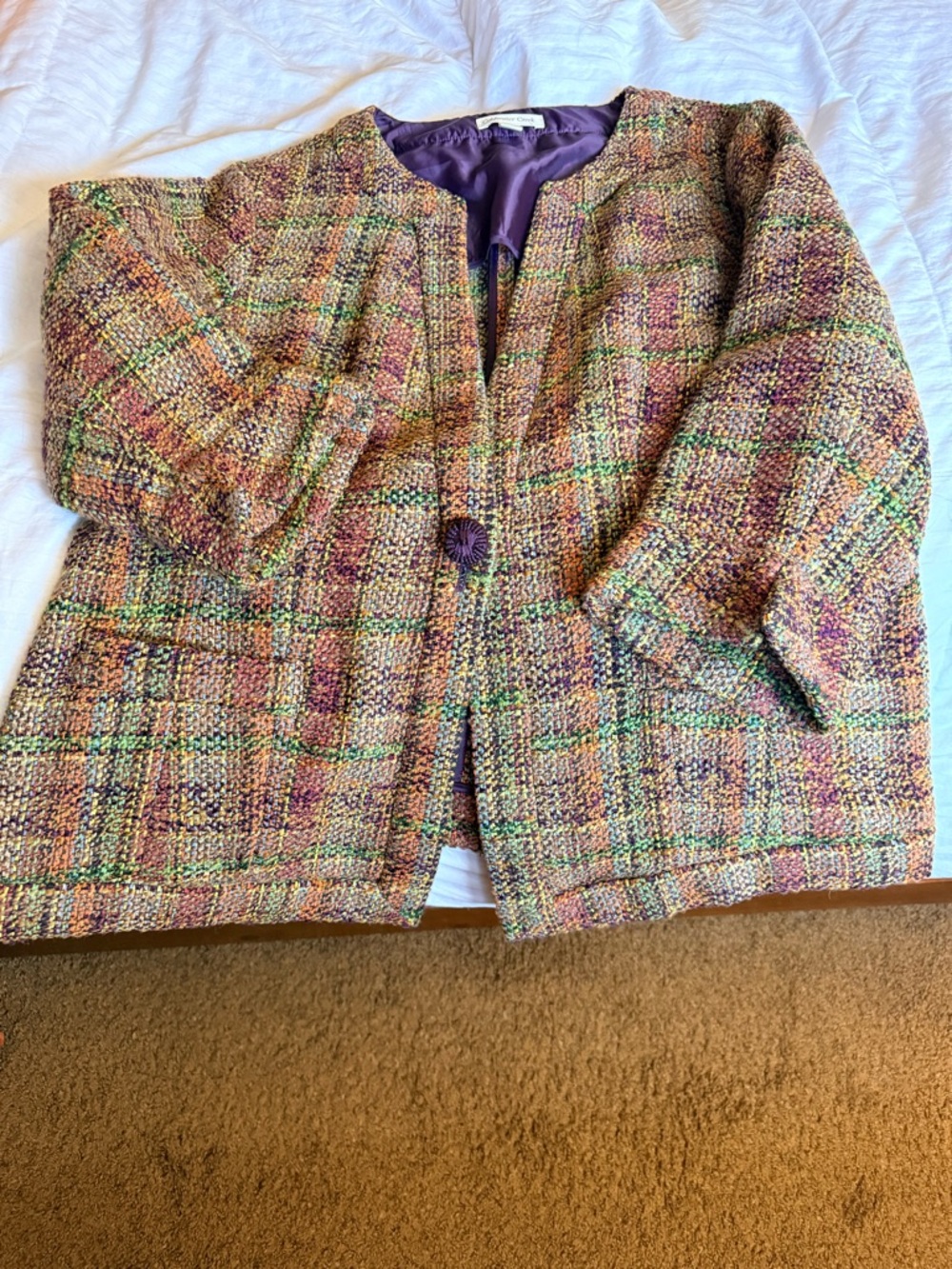 Coldwater Creek Multicolor Tweed Jacket with Purple Lining